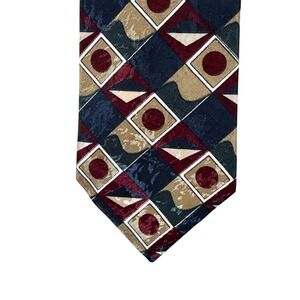 VTG 90s Duke Necktie Geometric Abstract‎ Navy Burgundy Gold USA Made Retro Tie